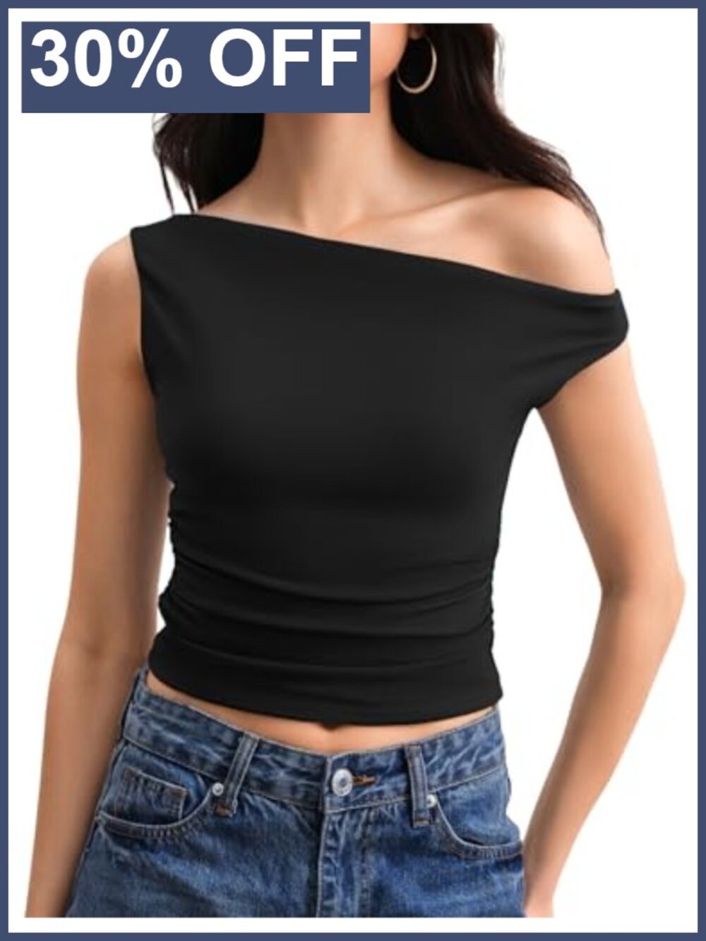 Off Shoulder Sleeveless Asymmetrical Ruched Crop Tank Top Y2K Double Lined